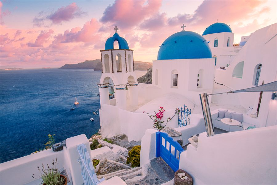 Whitewashed buildings overlooking the sea in Santorini, Greece