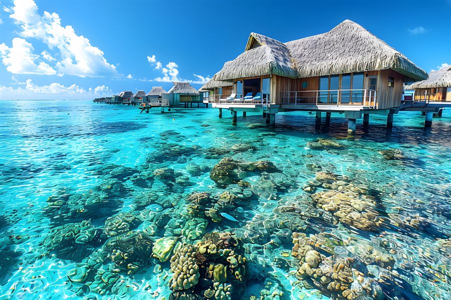 Overwater bungalows in a tropical lagoon in Tahiti